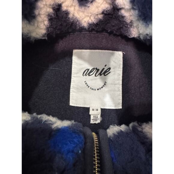 Aerie Chevron Fleece Sherpa Pullover Blue  Quarter Zip zigzag pattern Sweater M - Picture 5 of 6